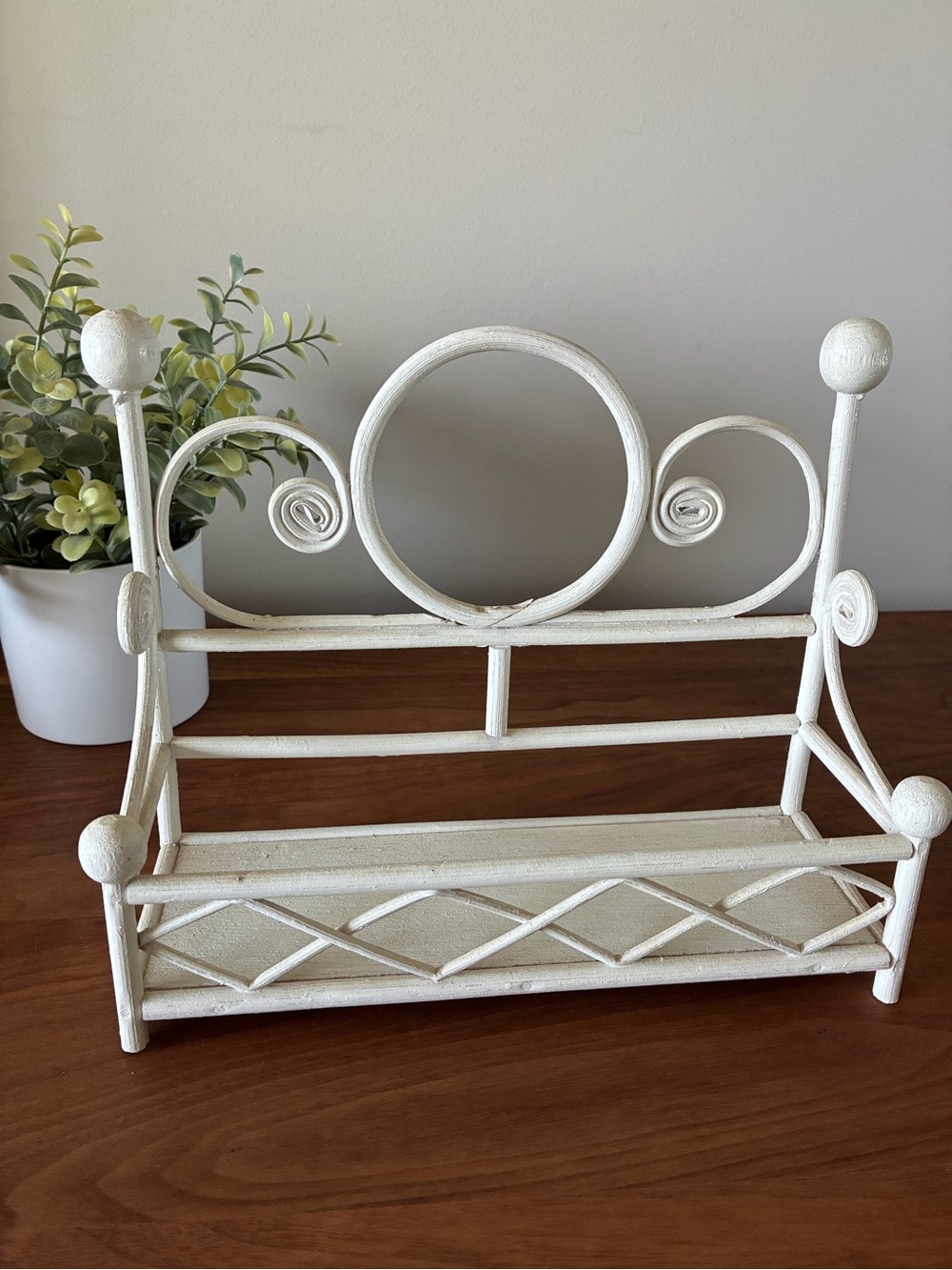 Vintage White Rattan Shelf Boho Cottagecore Display Shelf